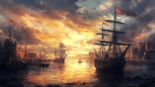 Golden Age harbor glows as tall ships meet the sunrise.