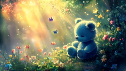 Soft blue teddy enjoys golden sunlight in a dreamy meadow