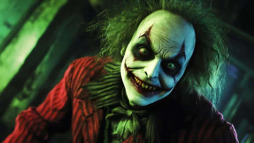 Sinister clown portrait under toxic green light.