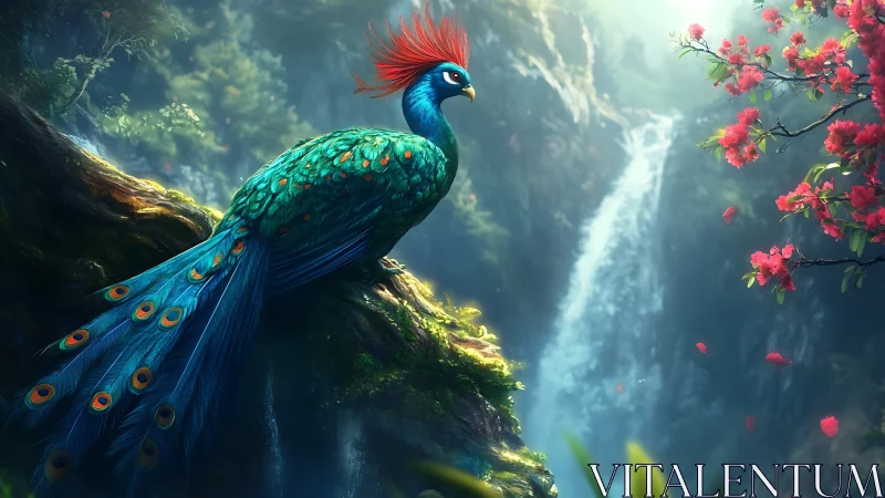 Majestic Fantasy Bird in Lush Waterfall Landscape, Digital Art.