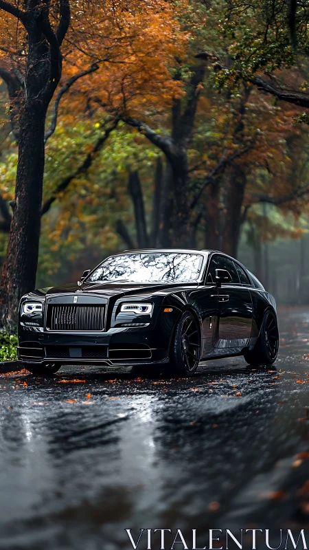 Black luxury sedan parked on wet forest road in autumn rain