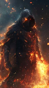 Hooded fire guardian walks through glowing embers at night