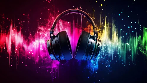 Headphones float amid neon sound waves in vivid motion.