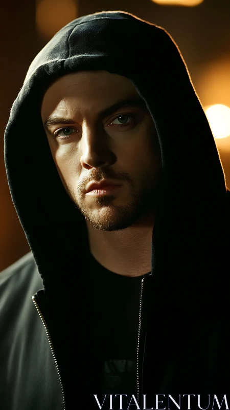 Hooded man in cinematic low light close-up portrait.