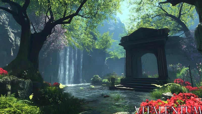 Secret waterfall grove and forgotten stone archway dreamscape.