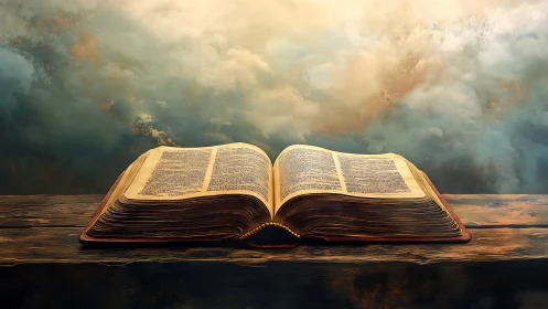 Ancient sky-lit scripture resting on a weathered wooden altar.