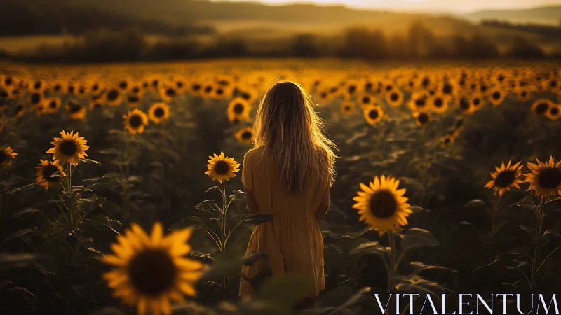 Person standing in extensive sunflower field at sunset.