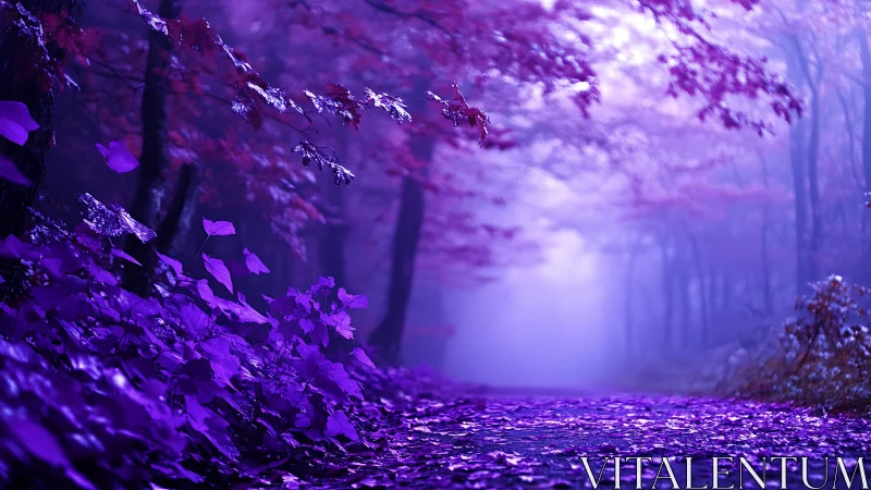 Ethereal Purple Forest Path With Luminous Atmospheric Perspective