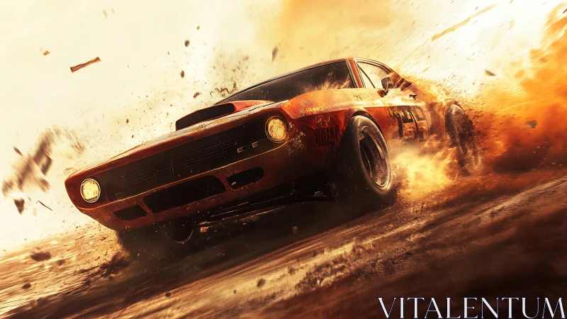 Muscle car drifts through dirt in intense racing action.