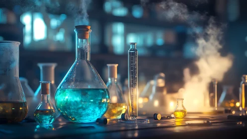 Luminous lab glassware with swirling chemical vapors at dusk.