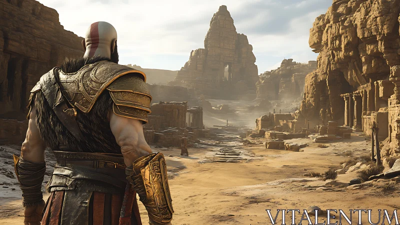 Armored warrior surveys vast desert canyon ruins at dusk.