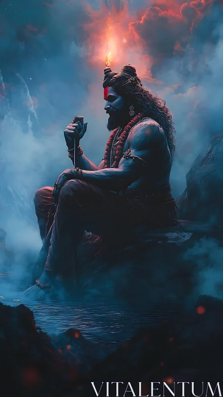 Fiery crowned blue-skinned deity seated in misty mountains.