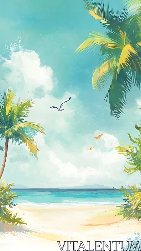 Tranquil Tropical Beach Paradise with Palm Trees.