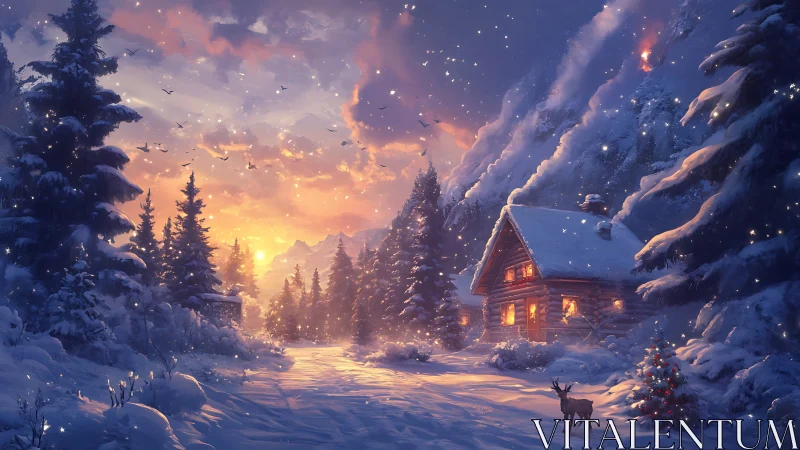 Radiant alpine winter cabin under volumetric dusk snowfall.