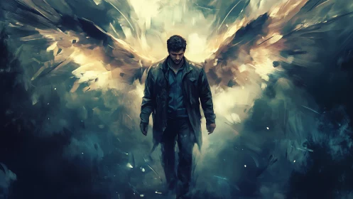 Man with glowing abstract wings walks through swirling mist