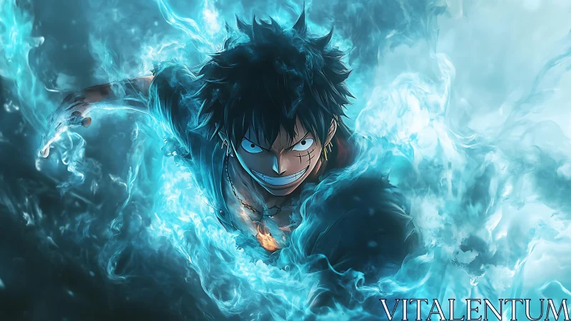 Fiery anime warrior charges through swirling blue flames.