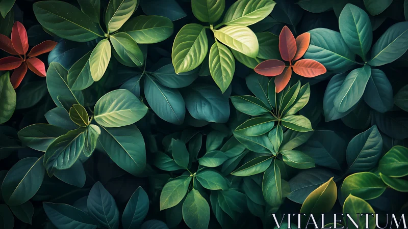 Lush overlapping green leaves with small red accents.