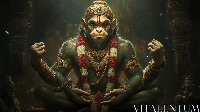 Anthropomorphic simian deity in ornate temple interior.