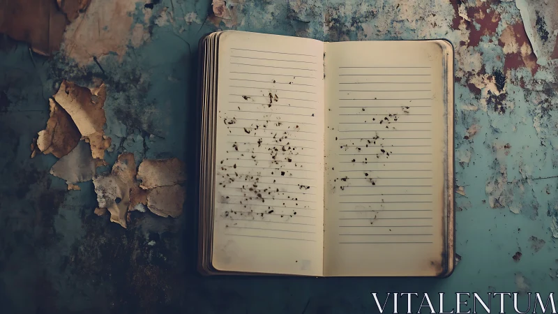 Open lined notebook on aged, peeling blue surface.