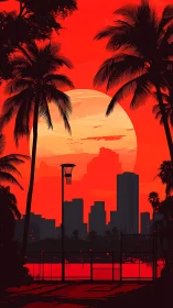High-contrast sunset cityscape with palm silhouettes and court