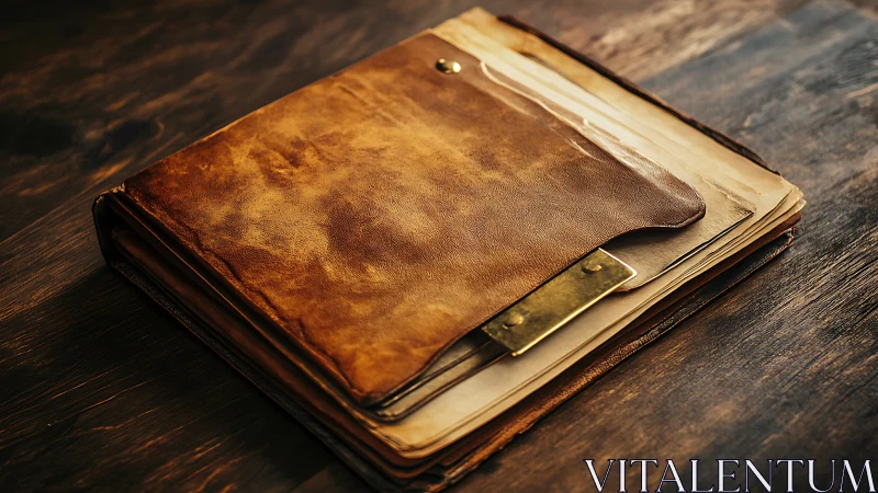 Weathered leather document portfolio holds aged paper stack securely