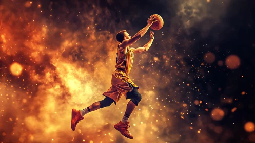 Dynamic basketball jump shot amid fiery bokeh particle field