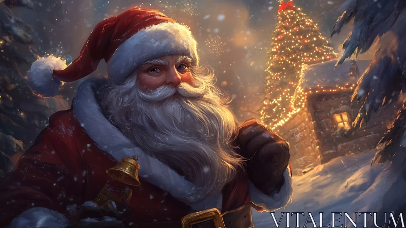 Santa figure in snowy landscape with illuminated tree at night.