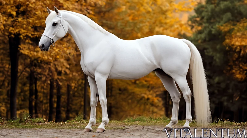Graceful white horse glowing against golden autumn woods.