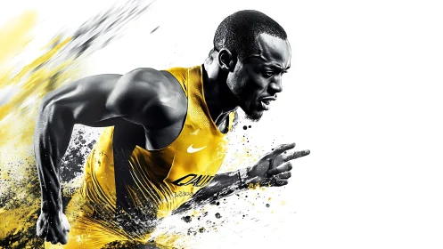 Sprinter in yellow explodes forward with dynamic motion.