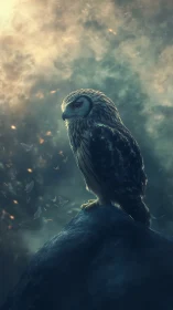 Gentle twilight owl resting quietly on a misty blue cliff.