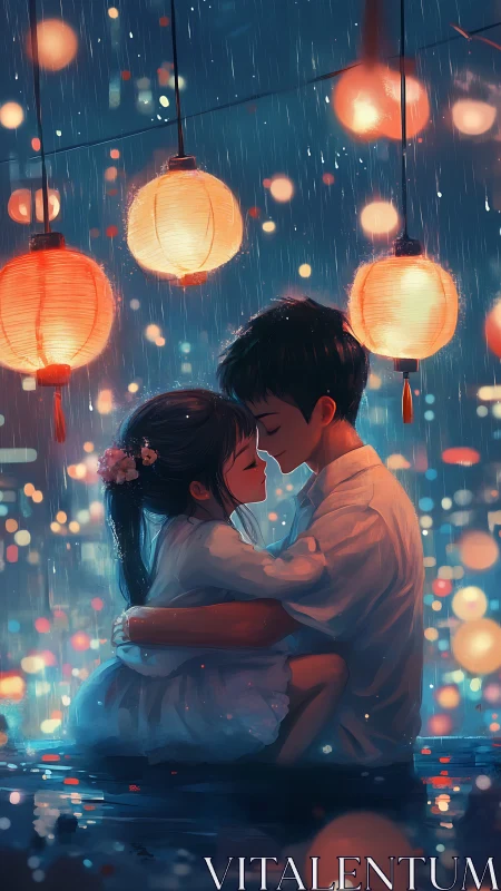 Rain soaked embrace under glowing lanterns in neon city
