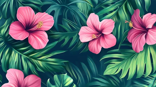 Pink Tropical Blooms Dancing Among Lush Green Foliage.