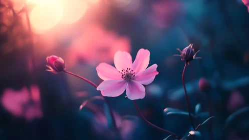 Pink Cosmos Flower in Twilight Glow.