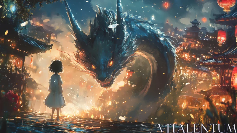 Child and moonlit dragon meeting in a glowing festival city.