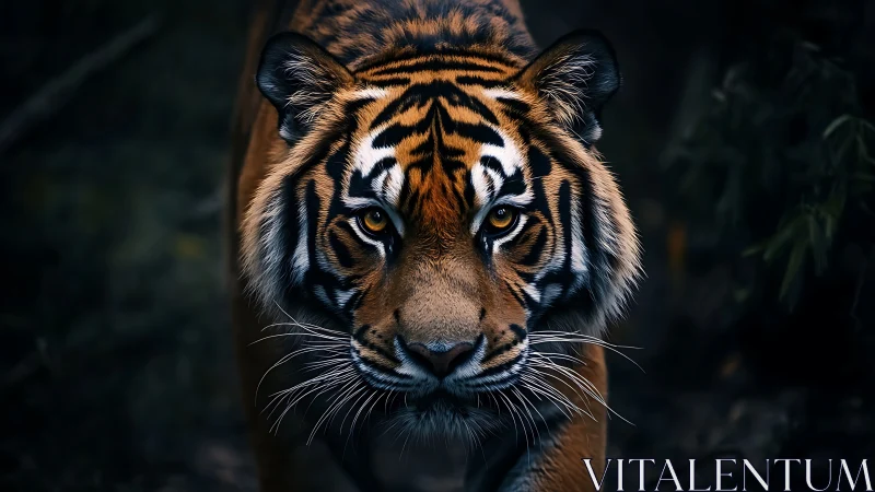 Quietly powerful tiger meeting your gaze in twilight forest.