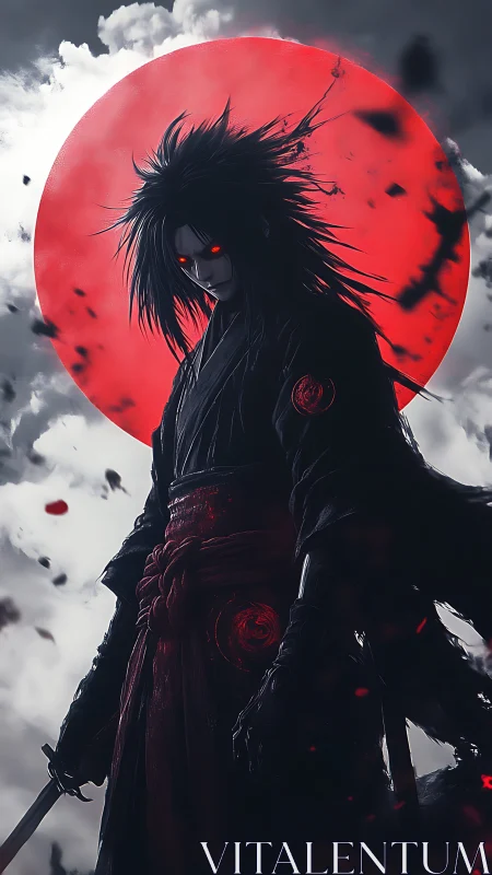 Dark warrior with glowing eyes stands before large red moon