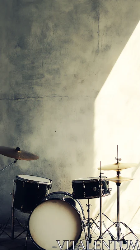 Minimalist drum kit in dramatic side lighting against plaster wall