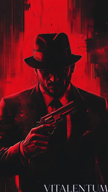Silhouetted figure in suit holds handgun against red backdrop