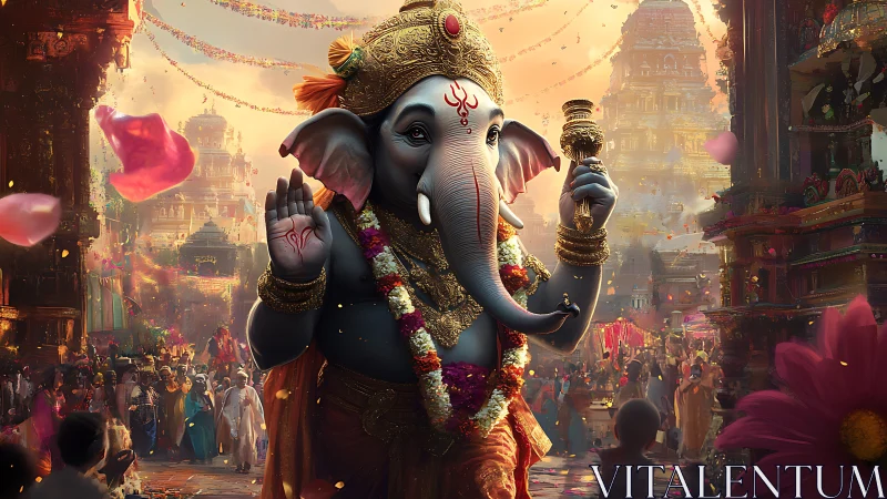 Elephant-headed deity strides through vibrant temple festival