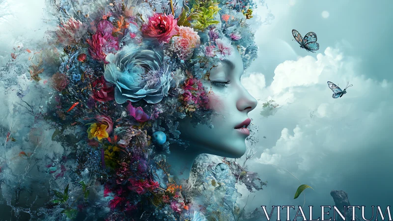 Dreaming in Bloom: Serene Floral Spirit Among Clouds.