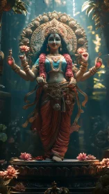 Digital painting of radiant goddess idol with lotus and halo symmetry.