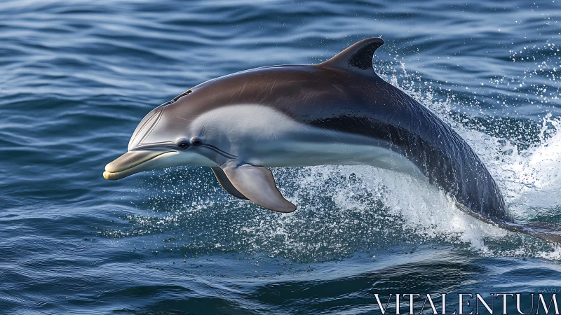 Dolphin captured mid leap above blue ocean surface water.
