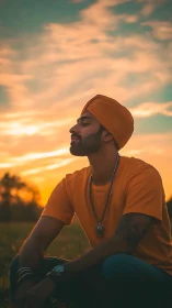 Golden hour serenity wraps a peaceful man in gentle light