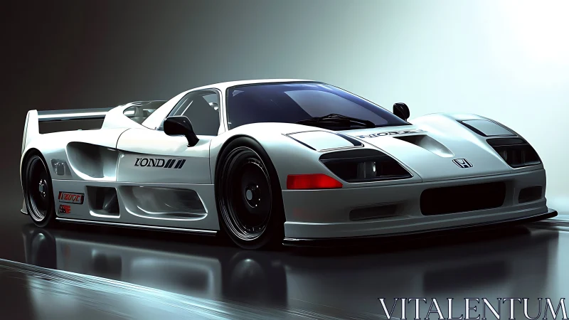 Low-angle render shows white Honda race car on reflective floor