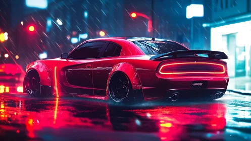 Neon-soaked muscle car in cyberpunk rain street environment.