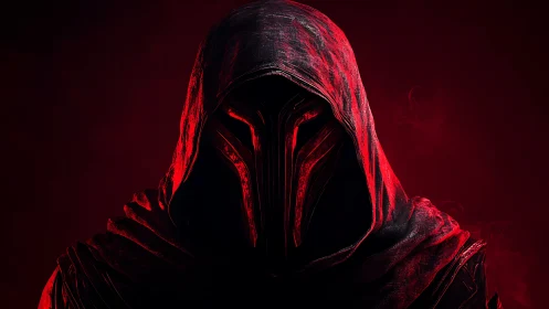 Shrouded crimson warlord in a molten dusk hooded helm.