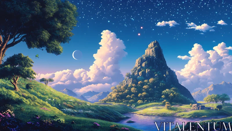 Mountain landscape under starry sky with crescent moon.