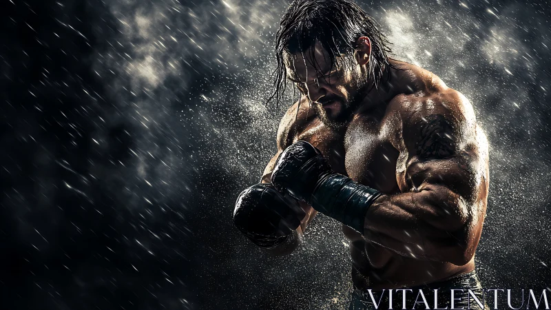 Athletic man in boxing stance with gloves in rain.