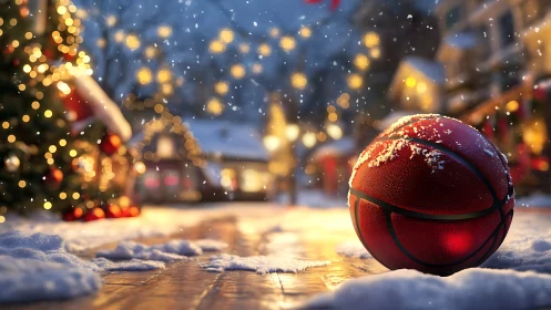 Snow-dusted basketball on reflective winter street at dusk.