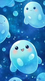 Smiling blue jelly ghosts float playfully through water.